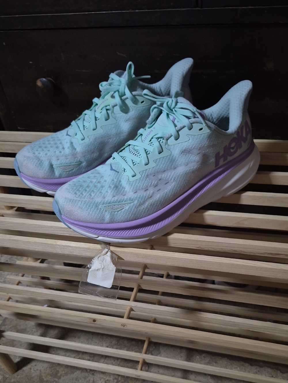 Hoka Women's C lifton 9 Mint Green and Lavender Running Shoes